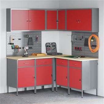 Conjunto de Armário e Quadro de Ferramentas vidaXL | 12 Peças | Vermelho em MDF e Metal - 1