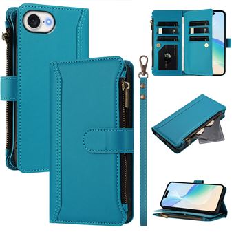 Capa FOXDOCK para iPhone 16E | Pele Premium | 9 Compartimentos para Cartões | Alça de Pulso Amovível - Azul claro - 1