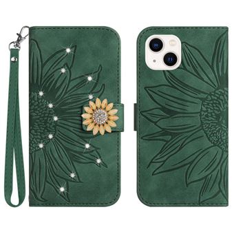 Capa FOXDOCK para iPhone 14 Plus | Flip | Porta-Cartões Magnético | Alça Removível | Girassol em Relevo e Diamantes | Verde - 1