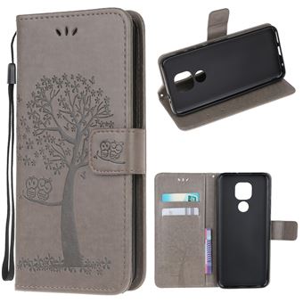 Capa Magunivers PU Árvore e Corujas Elegantes Cinza para Motorola Moto G9 Play/Moto E7 Plus - 1