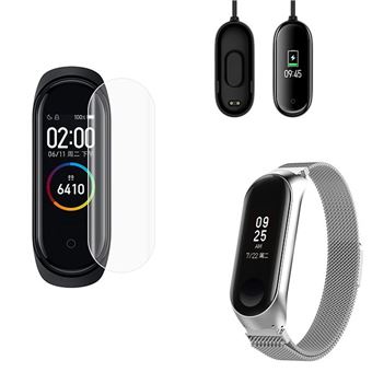 Kit Phonecare Pulseira Bracelete Milanese Loop Fecho Magnético + Carregador Usb Charger + Película Protectora Ecrã Gel Full Cover para Xiaomi Mi Band 4 - Cinza - 1