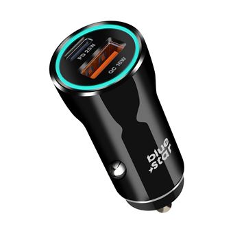 Carregador de Carro Blue Star | USB + USB-C | 25W + Cabo USB-C | Carga Rápida | Preto - 1
