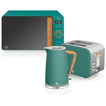 Chaleira de Pequeno Almoço SWAN STRP1060 Nordic Set | 1,7 L | 2200 W | Ranhura Larga da Panela Torradeira 2 Fatias | Microondas | 20 L | Digital | Design Moderno | Efeito Madeira - Verde - 1
