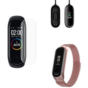 Kit Phonecare Pulseira Bracelete Milanese Loop Fecho Magnético + Carregador Usb Charger + Película Protectora Ecrã Gel Full Cover para Xiaomi Mi Band 4 - Rosa - 1