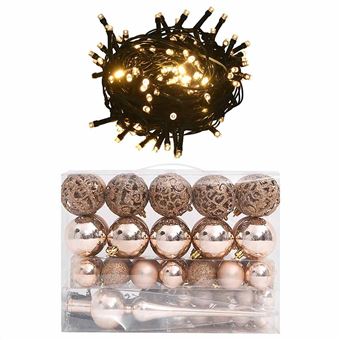 Conjunto de Bolas de Natal + pico e 150 LEDs vidaXL | 61 Peças | Rosa Dourado - 1