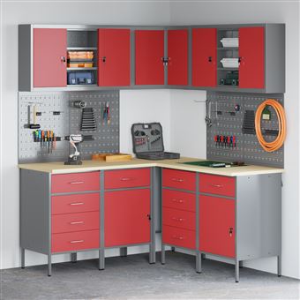 Conjunto de Armário de Trabalho e Painel de Ferramentas vidaXL | 12 Peças | Vermelho, MDF e Metal - 1