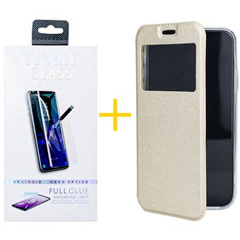 Pack 1 x Película de Vidro Temperado Anti-Estático + Capa skyhe  Apple iPhone 14 Gandy Flip Cover - Dourado - 1