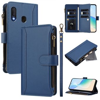 Capa FOXDOCK para Samsung Galaxy A20E/A10E | Pele Premium | 9 Compartimentos para Cartões | Alça de Pulso Amovível - Azul escuro - 1