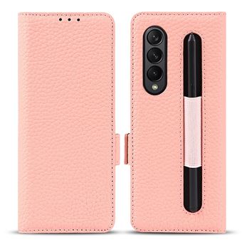Capa de Couro Dourado Genuíno fecho Magnético Textura lichia com porta caneta Dourado Rosa para Samsung Galaxy Z Fold3 5G - 1
