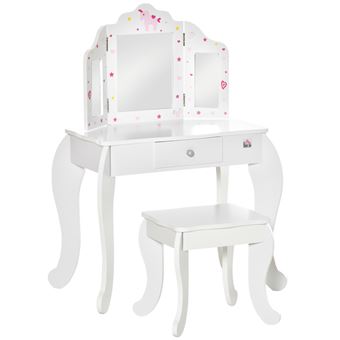 Toucador Infantil de Madeira com Banco e Espelho Homcom | 63 x 40 x 85,5 cm - Branco - 1