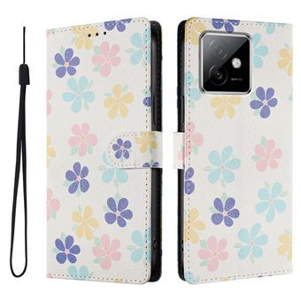 Capa FLOODKING para Honor X60 GT 5G | Suporte | Porta-Cartões e Alça | Padrões Decorativos | Branco e Roxo - 1