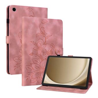 Capa FLOODKING para Samsung Galaxy Tab A9 Plus | Couro PU Premium | Design em Relevo de Lírio | Suporte Dobrável | Porta-Caneta | Rosa - 1