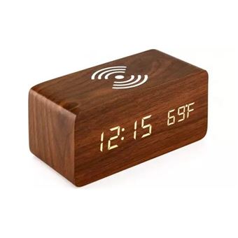 Relógio Despertador | Carregador Wireless Qi - Castanho - 1