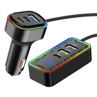 Carregador de Carro USB e USB-C 22,5W | 3 USB-C + 3 USB | Cabo de Extensão 1,5 m | Preta - 1