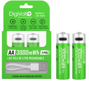 2 x Pilhas de Lítio AA DigiVolt LB2-3000 | 1.5V/3000mWh | Recarregáveis com Type-C | Verde - 1