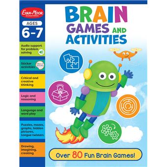 Evan-Moor Brain Games and Activities for Kids, Ages 6-7, Workbook, Hidden Pictures, Mazes, Sticker Activities, Logic Puzzles, Tongue Twisters, Audio, Secret Codes, Critical Thinking, Word Play - 1