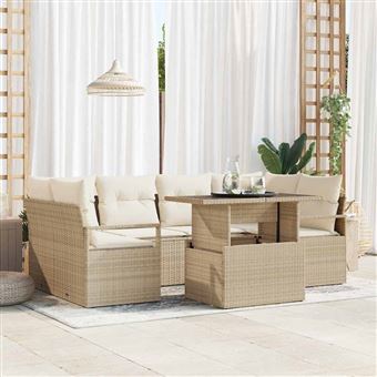 Conjunto de Sofá de Jardim vidaXL | 7 Peças | Bege Rattan Sintético - 1