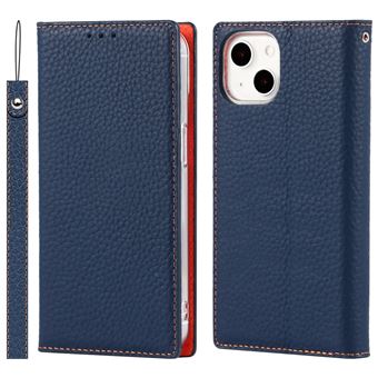 Capa de Couro Dourado Genuíno lichia listrada, Anti-riscos, com base Azul Escuro para iPhone 13 6.1'' - 1