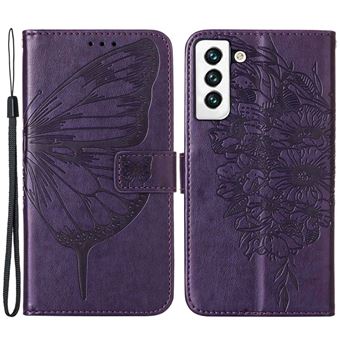 Capa PU padrão de borboleta e flor com suporte e alça Magunivers para Samsung Galaxy S23 5G - roxo escuro - 1