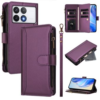 Capa FOXDOCK para Xiaomi POCO F6 Pro 5G | Pele Premium | 9 Compartimentos para Cartões | Alça de Pulso Amovível - Roxo - 1