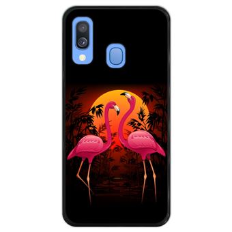 Capa Hapdey para Samsung Galaxy A40 2019 Design Flamingos ao Pôr-do-Sol em Silicone Flexível e TPU Preto