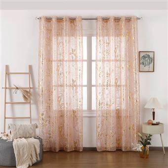 Cortina Translúcida BOD HOME com Estampado de Folhas Douradas | Rosa - 1