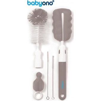 Conjunto de Escova para Biberões e Tetinas Baby Ono com Pega Removível e Mini Esponja Cinza - 1