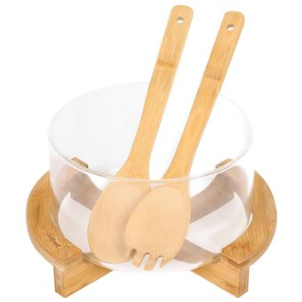 Saladeira de Vidro Cheffinger com Base de Bambu e Utensílios Inclusos | Ultra Prática | Transparente - 1