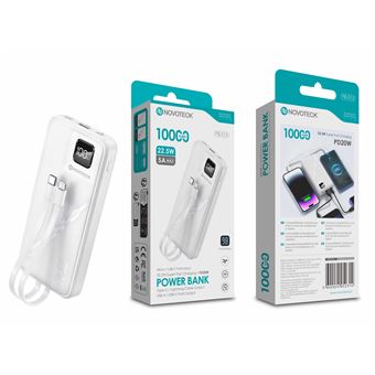 Power Bank Novoteck PB-013 com Cabo Integrado | 20000mAh | Carregamento Rápido 22.5W | PD20W | Branco - 1