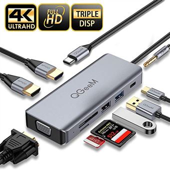 Docking Station QGeeM | Tipo-C 9 em 1 para USB | Tipo-C | HDMI | VGA | Leitor de Cartões | Jack 3.5mm - Cinzento - 1