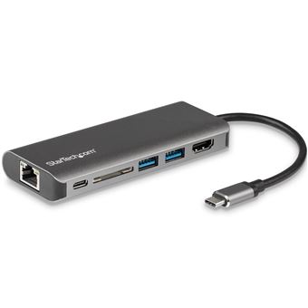 Base & Duplicador de Portas StarTech.com Adaptador multiportas USB C - Dock USB-C portátil para HDMI de 4K, Concentrador USB 3.0 de 2 portas, SD/SDHC, GbE, Passagem de FE até 60W - Mini estação de encaixe para viagem USB-C - USB Type-C/Thunderbolt 3 | Cin - 1