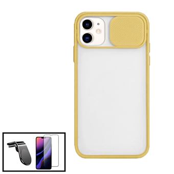 Kit Phonecare Capa Slide Window Anti Choque Frosted + Película 5D Full Cover + Suporte Magnético L Safe Driving Carro para iPhone 11 - Amarelo - 1
