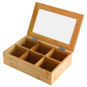 Caixa de Chá Cheffinger com Vidro | 6 Compartimentos de Armazenamento | Elegante e Prática | Castanho Claro - 1