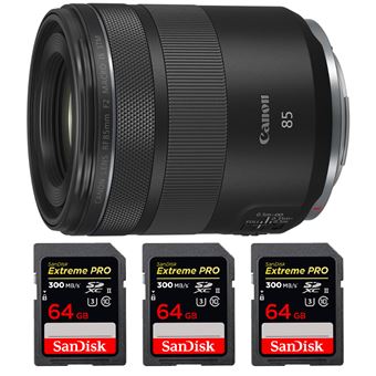Canon RF 85mm f/2 Macro IS STM + 3 SanDisk 64GB Extreme PRO UHS-II SDXC 300 MB/s + PDF 15 Técnicas para Melhorar as suas Fotografias - 1