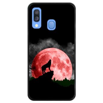 Capa Hapdey para Samsung Galaxy A40 2019 Design Lobo a Uivar para Lua Vermelha em Silicone Flexível e TPU Preto