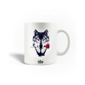 Caneca Maniacase Cabeça de lobo preto Flores vermelhas - 1