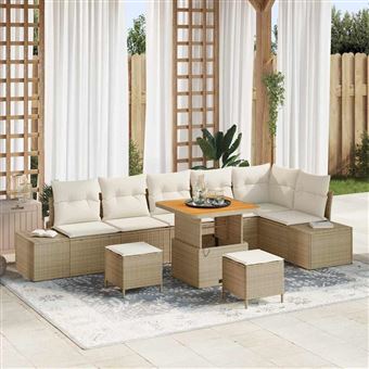 Conjunto de Sofá de Jardim vidaXL | 9 Peças | Bege Rattan Sintético - 1