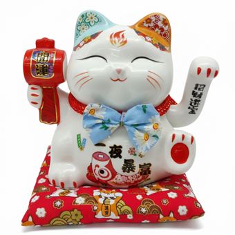 Gato da Sorte com Almofada e Martelo B&K 021207B | Branco + Vermelho - 1