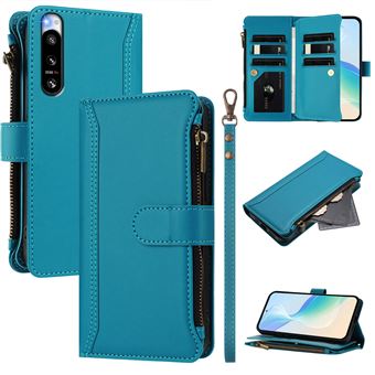Capa FOXDOCK para Sony Xperia 5 IV | Pele Premium | 9 Compartimentos para Cartões | Alça de Pulso Amovível - Azul claro - 1