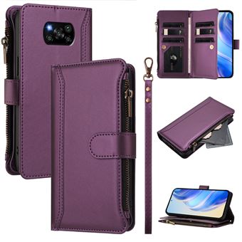 Capa FOXDOCK para Xiaomi POCO X3/X3 Pro/X3 NFC | Pele Premium | 9 Compartimentos para Cartões | Alça de Pulso Amovível - Roxo - 1