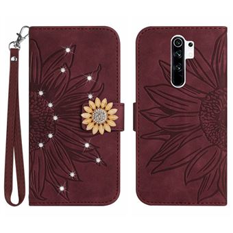 Capa FOXDOCK para Xiaomi Redmi Note 8 Pro | Flip | Porta-Cartões Magnético | Alça Removível | Girassol em Relevo e Diamantes | Vinho - 1