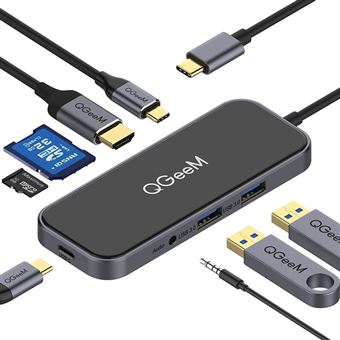Docking Station QGeeM | Tipo-C 8 em 1 para HDMI | USB | PD | Leitor de Cartões e Jack 3.5mm - Cinzento - 1