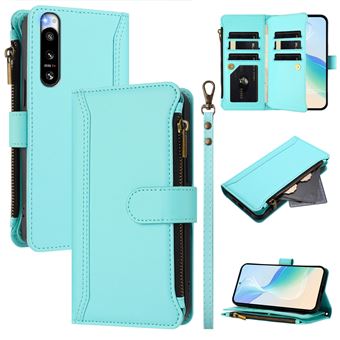 Capa FOXDOCK para Sony Xperia 5 IV | Pele Premium | 9 Compartimentos para Cartões | Alça de Pulso Amovível - Verde claro - 1