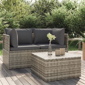 Conjunto lounge de jardim com almofadões vidaXL | 3 peças vime PE cinzento - 1