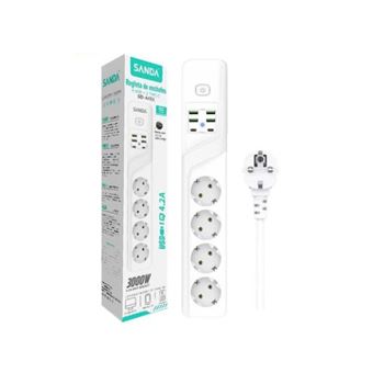 Extensão Quadrupla com 4 Entradas USB SANDA SD-4451 + 2 Entradas Type-C + 4 Tomadas | 3000W - Branco - 1