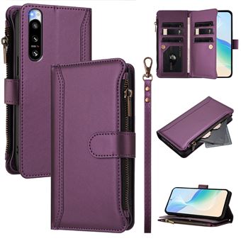 Capa FOXDOCK para Sony Xperia 5 IV | Pele Premium | 9 Compartimentos para Cartões | Alça de Pulso Amovível - Roxo - 1