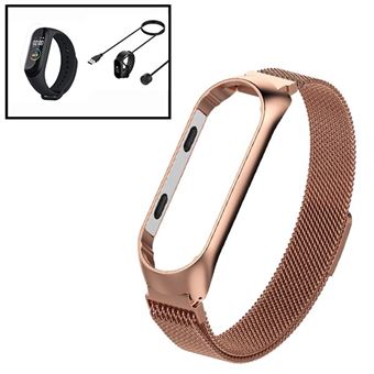 Kit Phonecare Bracelete Milanese Loop Fecho Magnético + Carregador USB Charger + Película Protectora Ecrã Gel Full Cover para Xiaomi Mi Band 6 / Mi Smart Band 6 - Ouro Rosa - 1