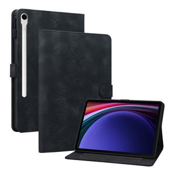 Capa FLOODKING para Samsung Galaxy Tab S9 | Couro PU Premium | Design em Relevo de Lírio | Suporte Dobrável | Porta-Caneta | Preto - 1