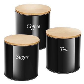 Conjunto 3 Caixas em Aço Inoxidável Cheffinger com Tampa de Bambu para Café/Açúcar/Chá | Preto / Castanho - 1