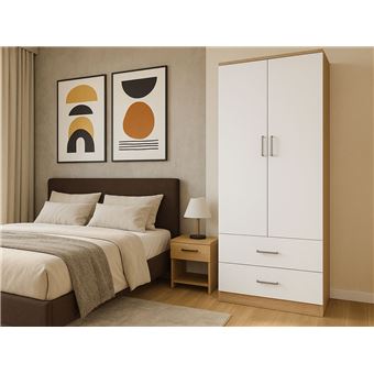 Roupeiro Ideia Home Design Milan | 2 Portas de Abrir | 2 Gavetas | Branco, Carvalho Claro - 1